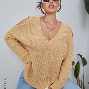 Cut Out Shoulder Cable Knit Sweater (Khaki)